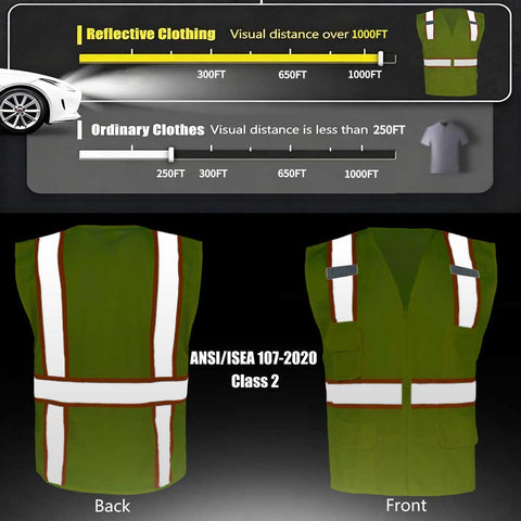 Green reflective safety vest with front and back views, showing ANSI/ISEA 107-2020 Class 2 compliance.