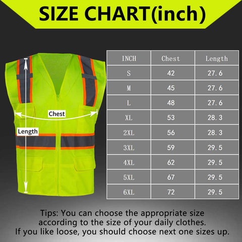 Yellow safety vest with size chart on a black background