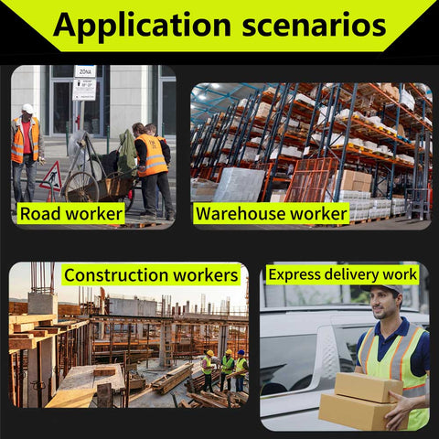 Application scenarios including road worker, warehouse worker, construction workers, and express delivery work.