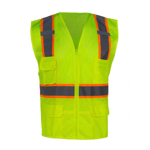 Hi-vis safety vest with reflective stripes on a white background