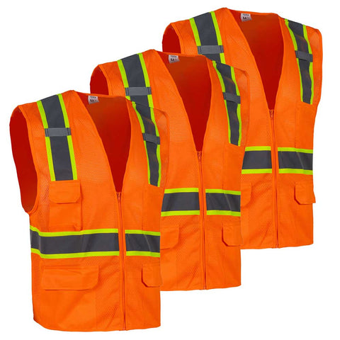 Three orange safety vests with reflective stripes on a white background