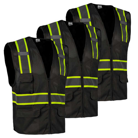 Three black safety vests with reflective yellow stripes on a white background