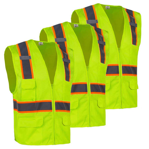 Three bright yellow safety vests with reflective stripes on a white background