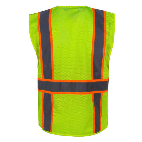 Hi-vis safety vest with reflective stripes on a white background