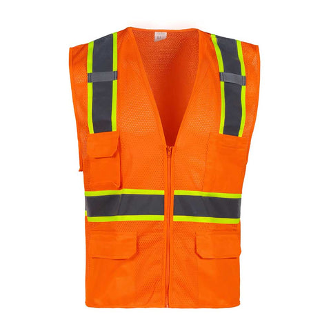 Orange safety vest with reflective stripes on a white background