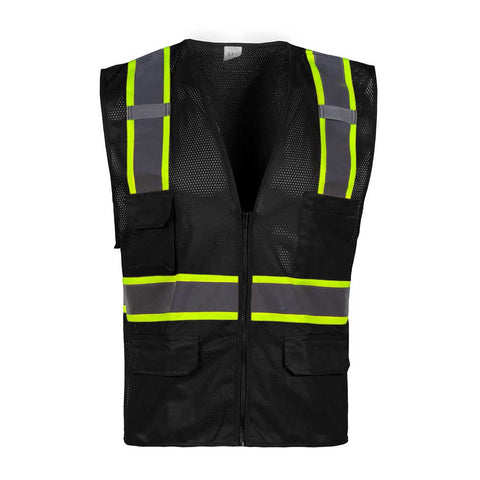 Black safety vest with reflective yellow and gray stripes on a white background