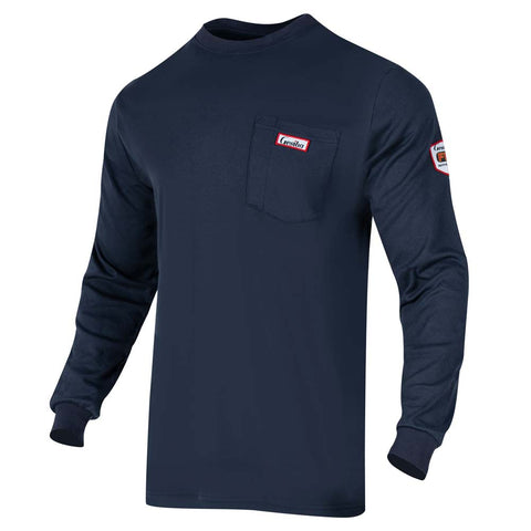 Navy long-sleeve shirt with brand logos on a white background