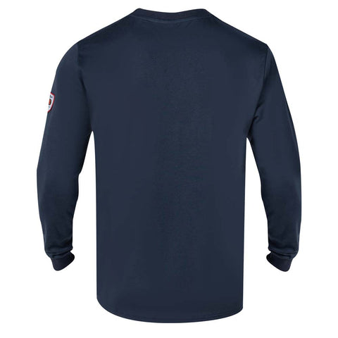 Navy long-sleeve shirt with a patch on the sleeve against a white background