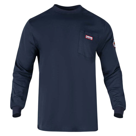 Navy long-sleeve shirt with a logo on the chest pocket and sleeve 