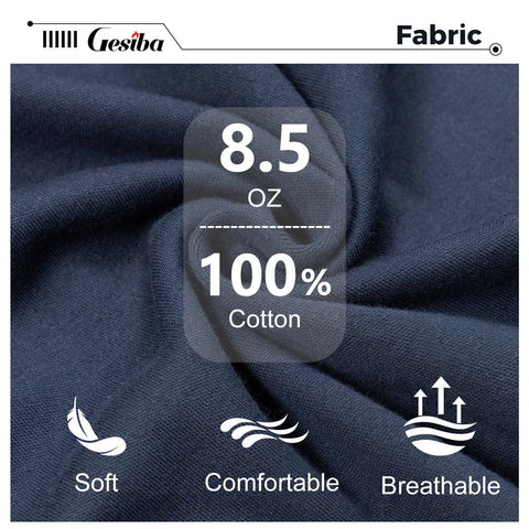 Navy fabric with text and icons indicating weight, material, and comfort attributes.