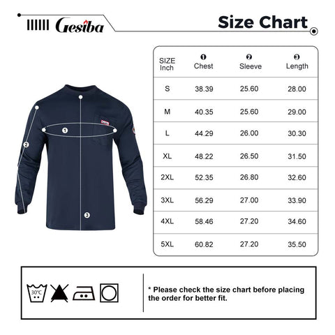 Size chart for a long-sleeve shirt with measurements