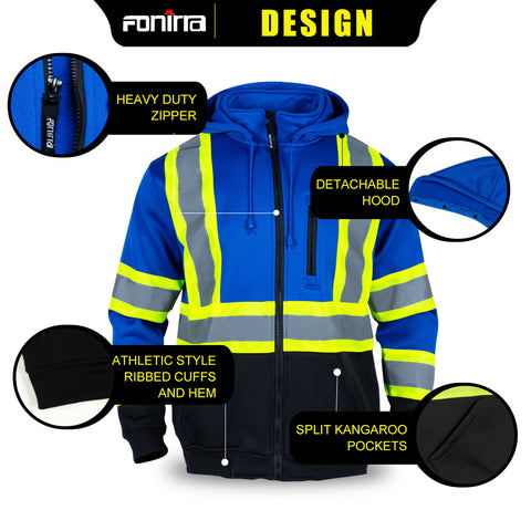 SW01B Full-Zipper Blue Safety Sweatshirt & Hi Vis Hoodie with Pocket