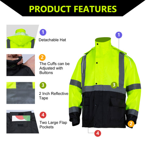 rian jacket with detachable hat,large pocket,2 inch reflective tape,cuff