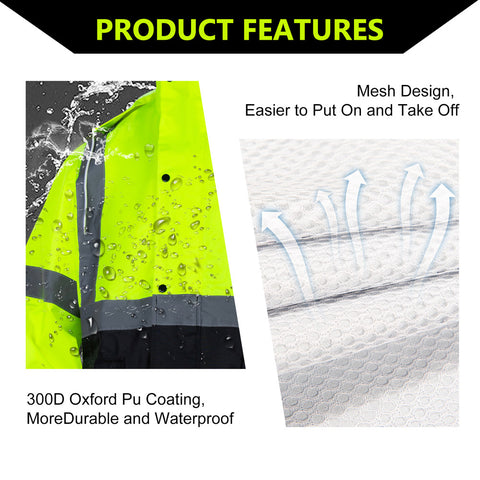 300d oxford pu coating and mesh design hi vis rain jacket