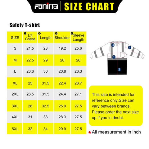 size chart of safety shirts reflective