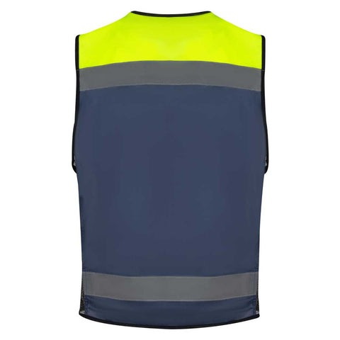 Reflective safety vest with yellow and blue sections on a white background