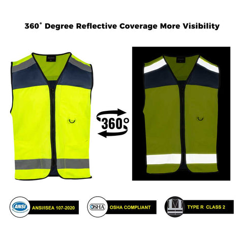 Reflective safety vest with 360-degree coverage and certification logos on a white background