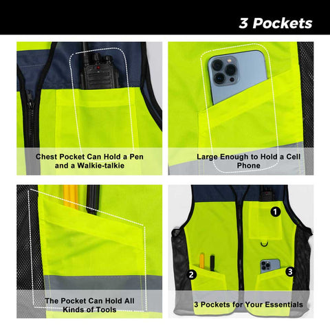 Highlighting the multiple pockets of a high-visibility safety vest with text describing each pocket's capacity.
