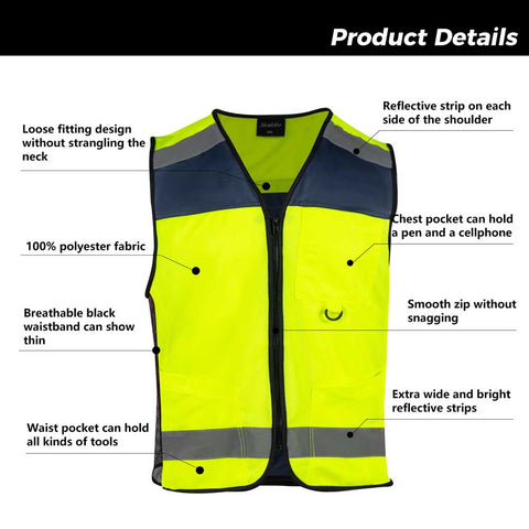 Yellow safety vest with features highlighted on a white background
