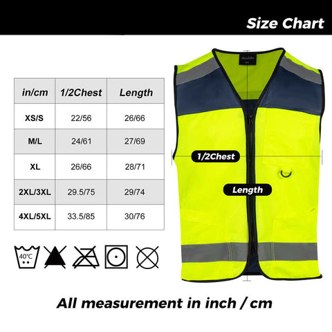 Yellow safety vest with size chart on a white background