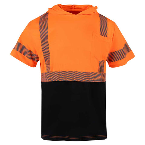 Orange and black safety hoodie with reflective stripes on a white background