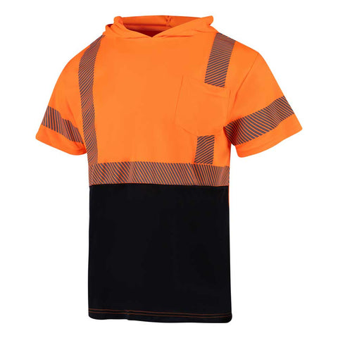 Orange and black hoodie with striped sleeves on a white background