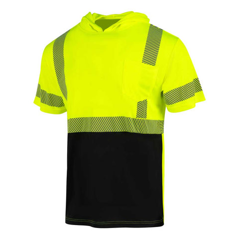 High-visibility safety hoodie with black and yellow design on a white background