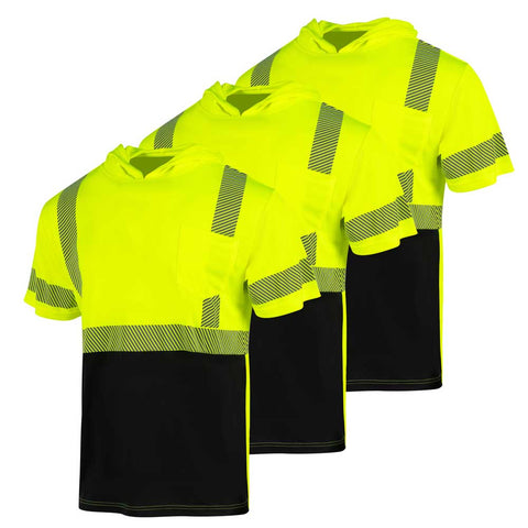 Three bright yellow safety shirts with black accents on a white background