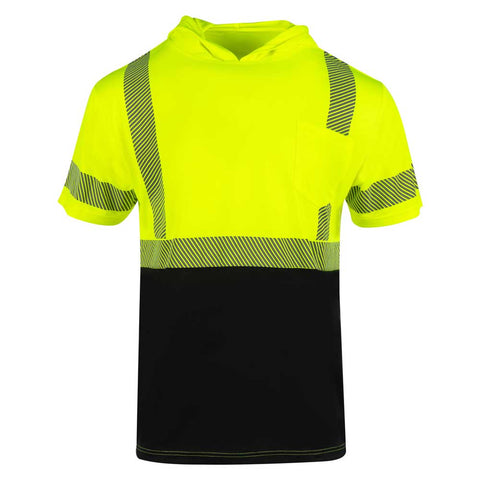High-visibility safety shirt with reflective stripes on a white background