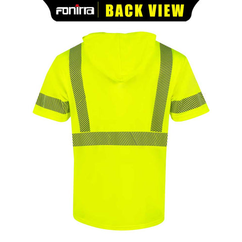 High-visibility yellow safety shirt with reflective stripes on a white background, branded 'Fonina'.