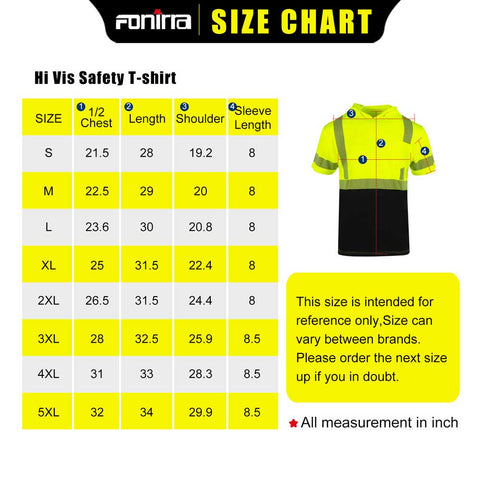Size chart for Hi Vis Safety T-shirt with shirt image and FONIRA branding.
