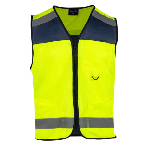 Yellow safety vest with reflective stripes on a white background