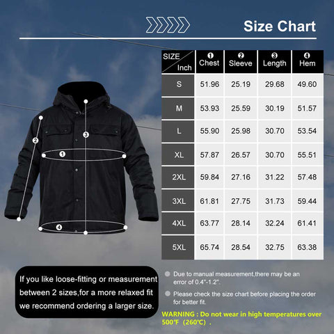 Size chart for a black jacket with measurements in inches and a blue gradient background