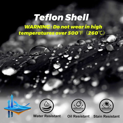 Teflon shell product with water droplets on a black background, featuring Teflon brand logo and product features.