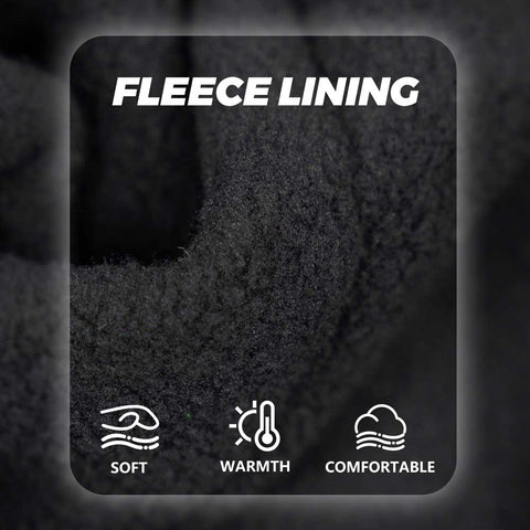 Close-up of fleece lining with text and icons indicating soft, warmth, and comfortable qualities.