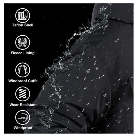 Black jacket with water droplets demonstrating features like Teflon shell, fleece lining, windproof cuffs, wear-resistance, and windproof design.