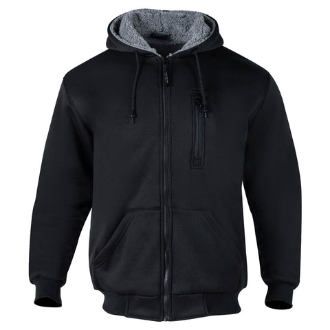 Black zip-up hoodie with grey Sherpa fleece lining, front chest zipper pocket, drawstring hood, and kangaroo pockets – warm workwear outerwear for cold weather