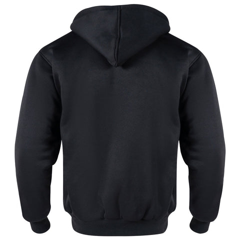 Back view of black fleece-lined hoodie with attached hood and ribbed cuffs and hem – durable and warm outerwear for work or casual use