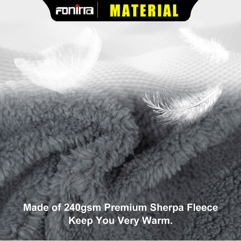 Soft grey 240gsm Sherpa fleece fabric with floating feathers, highlighting premium warmth and comfort – Fonirra workwear material detail.
