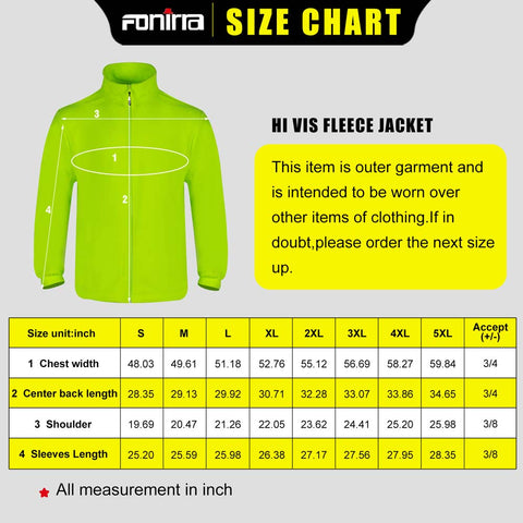 Size chart for a hi vis fleece sweatshirts with a green jacket illustration and measurement details.