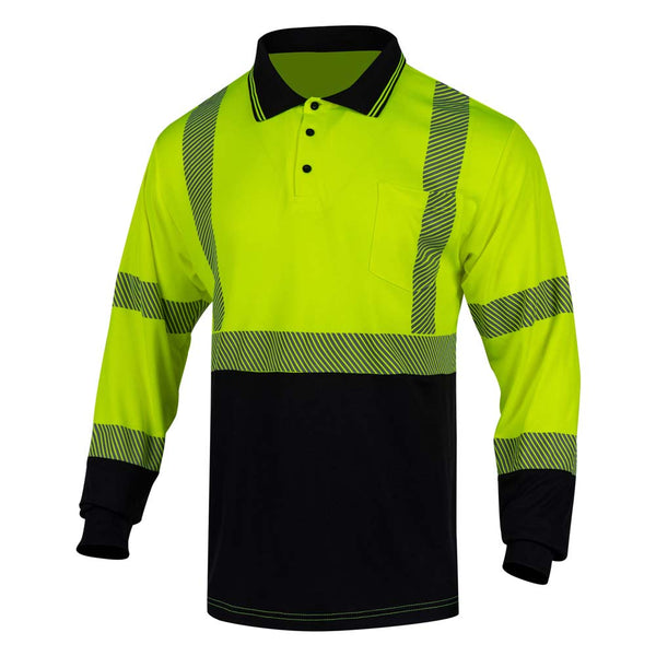 A long sleeve safety yellow polo shirt with a black collar, featuring reflective stripes and a polo neck design.