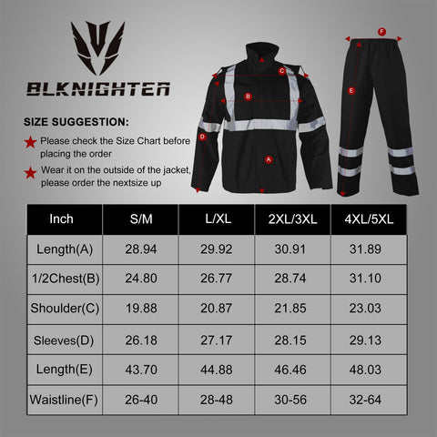 hi vis waterproof rainsuit size chart