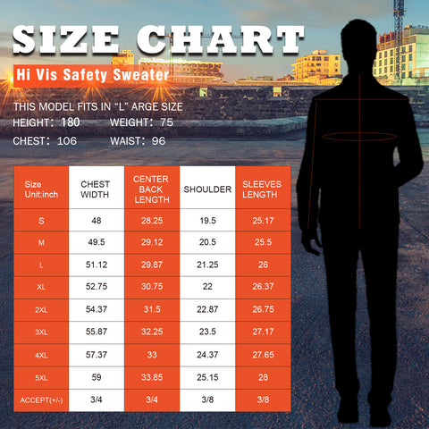 hi vis winter safety hoodie size chart