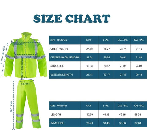 reflective safety rainsuit size chart