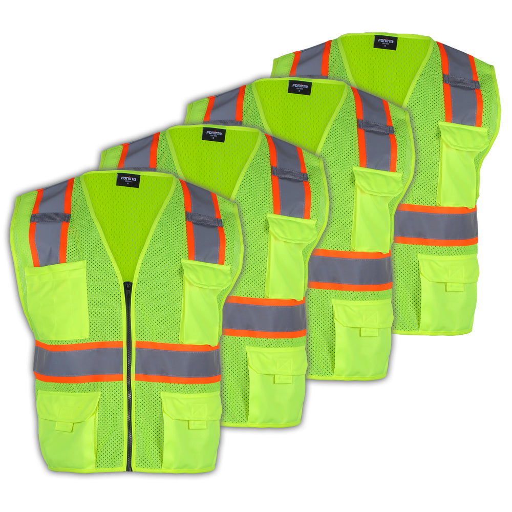 4 Pack Class 2 Hi Vis Mesh Safety Vest With Pockes and Zipper