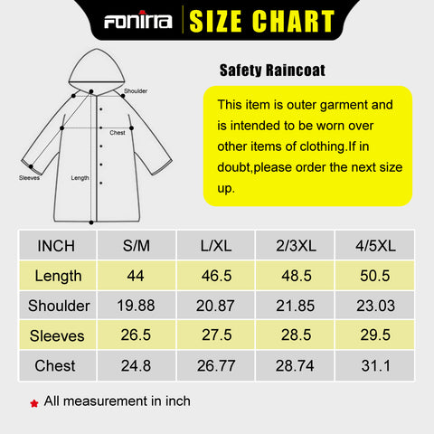 safety raincoat size chart