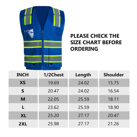 hi vis work safety vesst size chart