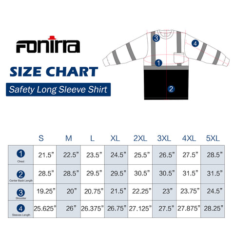 long sleeve work shirt size chart